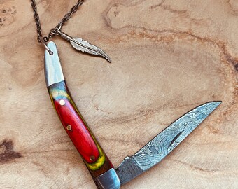 Hand Forged Pocket Knife Necklace, Damascus Steel Knife, Knife Jewelry, Fancy, Folding Knife Keychain, Handmade Knives, Camel Bone, Red Wood