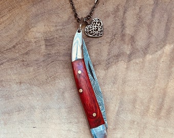 Hand Forged Pocket Knife Necklace, Damascus Steel Knife, Knife Jewelry, Fancy, Folding Knife Keychain, Handmade Knives, Camel Bone, Red Wood