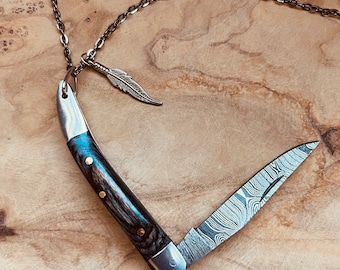 Hand Forged Pocket Knife Necklace, Damascus Steel Knife, Knife Jewelry, Fancy, Folding Knife Keychain, Handmade Knives, Camel Bone, Unique