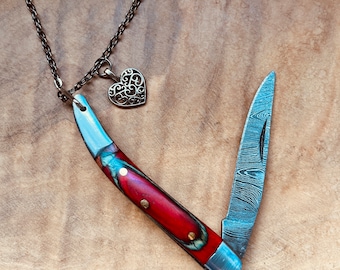 Hand Forged Pocket Knife Necklace, Damascus Steel Knife, Knife Jewelry, Fancy, Folding Knife Keychain, Handmade Knives, Camel Bone, Red Wood