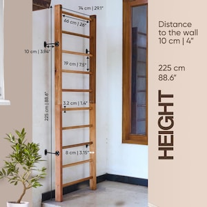 May include: A wooden wall-mounted ladder with horizontal rungs. The ladder is 88.6 inches tall and 29.1 inches wide. The distance to the wall is 4 inches. The ladder is made of light brown wood and is designed for indoor use.