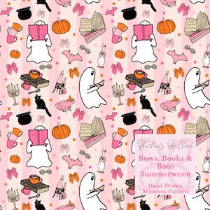 May include: A seamless pattern on a light pink striped background featuring white ghosts reading books, orange pumpkins, black cats, pink bats, bows, candles, and mugs. Text reads: Hailee's Hollow, Bows, Books & Boos, Summerween, Hand Drawn Seamless Pattern.