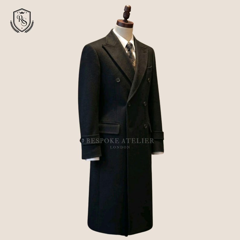 Black wool double breasted long coat tailored men’s winter coat