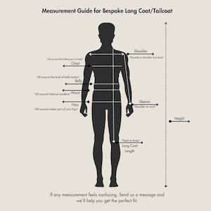 Body measurement guide for tailored long coat / tailcoat