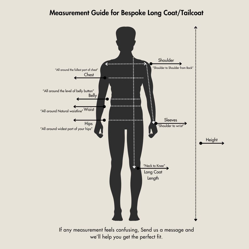 Body measurement guide for tailored long coat / tailcoat
