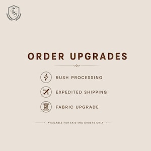 Puede incluir: Un gráfico informativo beige con texto marrón oscuro titulado ORDER UPGRADES. Presenta tres iconos circulares que representan un rayo para RUSH PROCESSING, un avión para EXPEDITED SHIPPING y un carrete de hilo para FABRIC UPGRADE.