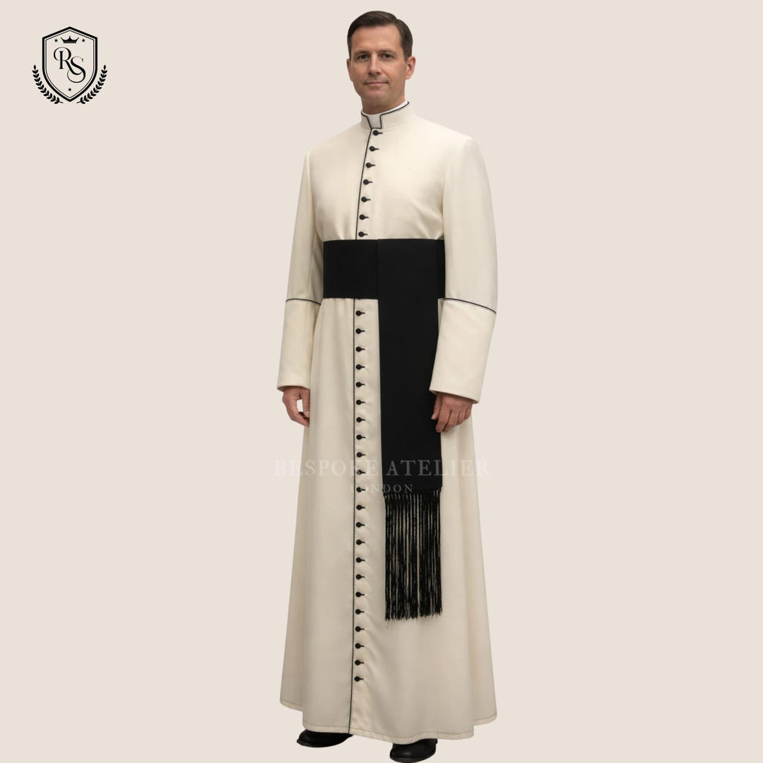 Bespoke Ivory Roman Cassock, Black Trim & Fascia Sash | Custom Clergy ...