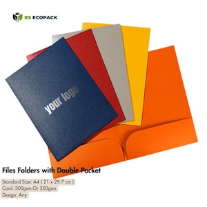 May include: A selection of A4 file folders in a range of colors, including blue, red, grey, yellow, and orange. The blue folder features the text "your logo". The image also displays the text "Files Folders with Double Pocket". The standard size is 21 x 29.7 cm.