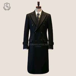 Men’s black double breasted wool long coat classic formal overcoat