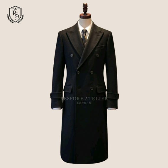 Men’s Black Double Breasted Wool Long Coat – Classic Formal Overcoat, Tailored Winter Coat