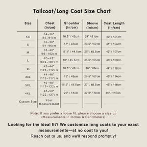 Tailcoat / Long Coat Size chart