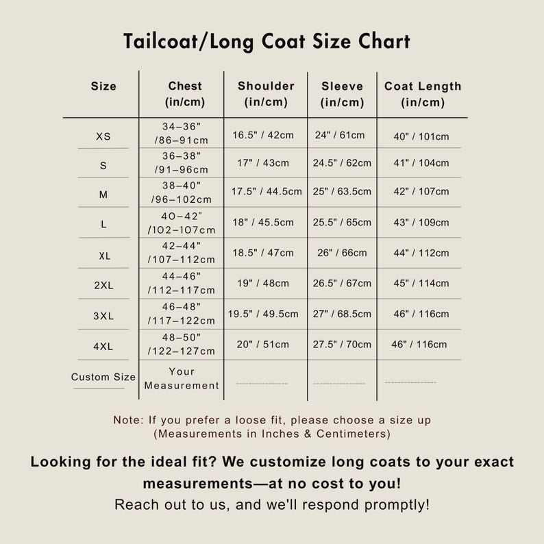 Tailcoat / Long Coat Size chart