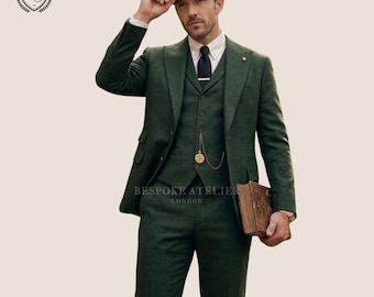 Men's Green Tweed 3 Piece Suit with Flat Cap, Vintage Wedding Suit, Custom Made 1920s-Inspired Menswear