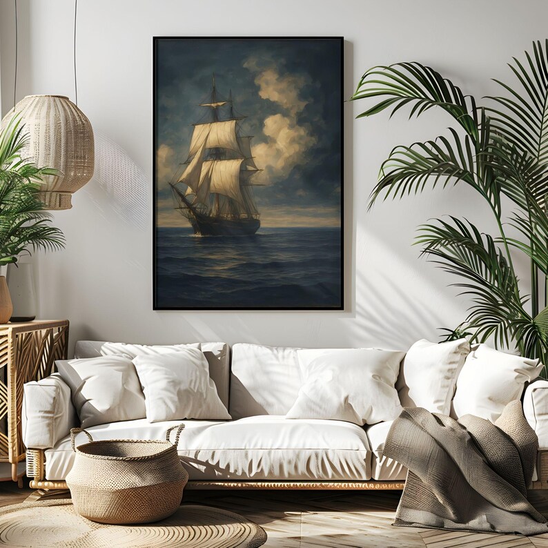 May include: A framed nautical painting depicts a tall ship sailing on a dark blue sea under a cloudy sky. The artwork features a vintage aesthetic with a black frame, suitable for home decor.