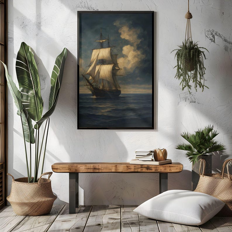 May include: A framed nautical painting depicts a tall ship sailing on a dark blue sea under a cloudy sky. The artwork is displayed above a wooden bench, with a large potted plant and other decorative elements in the room.