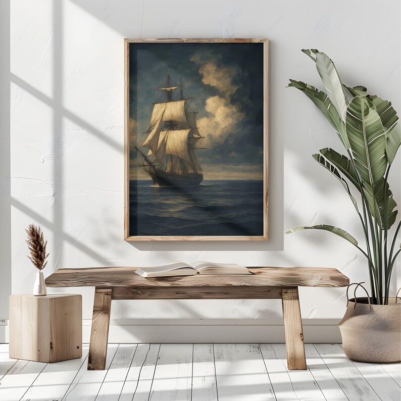 May include: A framed nautical painting depicts a tall ship sailing on a dark blue sea under a cloudy sky. The artwork features a wooden frame and is displayed above a rustic wooden bench.