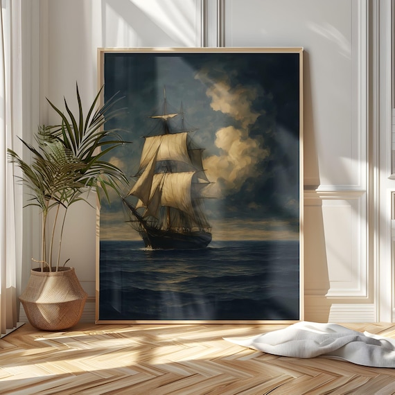 Pintura de velero - Impresión marítima, Arte náutico imprimible, Paisaje oceánico, Pintura retro de barco