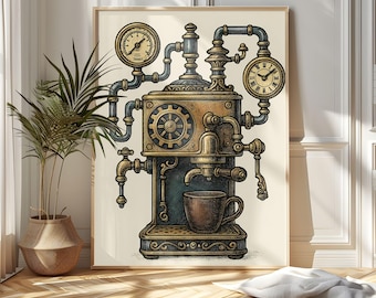 Printable Digital Art Steampunk Retro Coffee Machine | Industrial Poster Download for Kitchen and Café