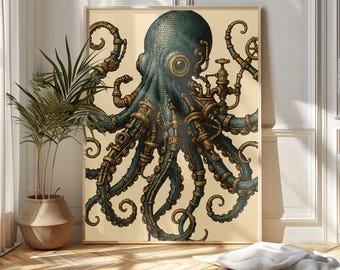Printable Steampunk Octopus Wall Art – Nautical Industrial Sci-Fi Digital Poster