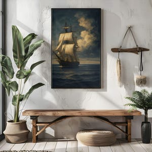 May include: A framed nautical painting depicts a tall ship sailing on a dark blue sea under a cloudy sky. The ship's sails are billowing, and the artwork is displayed above a wooden bench.