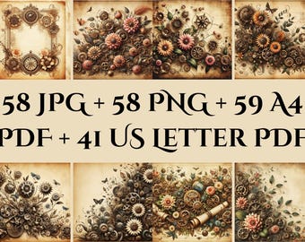 Steampunk floral digital paper – Victorian botanical designs for Junk Journals, scrapbook albums, tags & printable ephemera