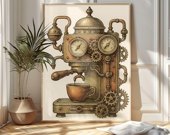 Printable digital art retro Steampunk coffee machine