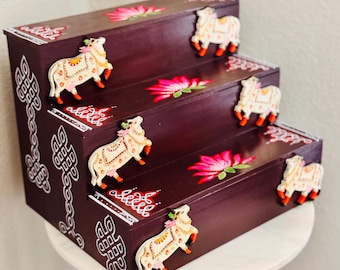 Artisan Fusion Relief 3 Step Shelf - Kaavi, Kamalam and Pichwai cows