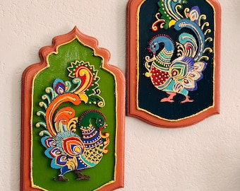 Regal carved peacock (pair) plaques (12in* 7in) for home decor, entryway gifting and more!