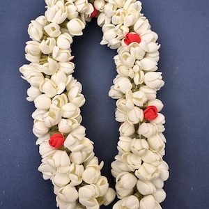 May include: A garland of white flowers with small red accents. The flowers are tightly clustered, creating a dense, textured appearance. The garland is arranged in a curved shape against a dark blue background.