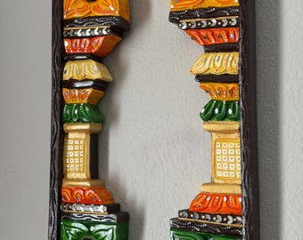 Hand carved wood pillars (temple pillars/gopuram panels) - (Green n Yellow) one pair