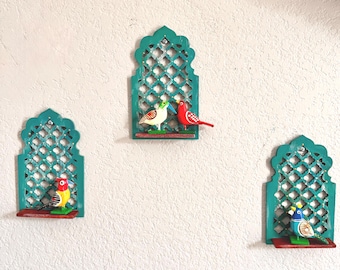 Hand Painted Bird Wall Frames – Set of 3 Teal Jali Boho Decor