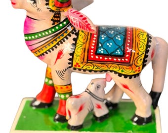 Handcrafted Kamadhenu Cow & Calf - Varanasi Goolar Wood Toy
