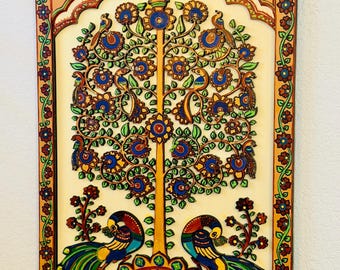 Hand‑Painted Relief Art – Kalpavriksha "Tree of Life with Peacock" | Wall Décor