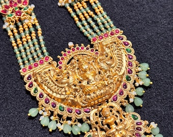 Kundan and crystal beads, Imitation Jewelry set- Green crystals with red kemp stones