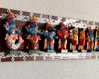 Handcrafted Dasavatharam Panel with carved wood idols in natural dye