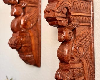 Wooden peacock- hand carved, wooden corbel/ wall brackets