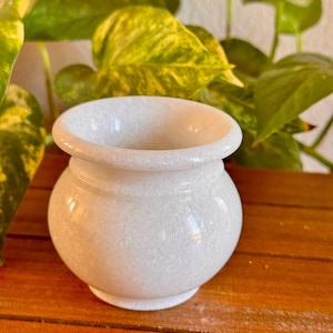 May include: A small, white marble pot with a rounded body and a flared rim. The pot is sitting on a wooden surface. The background features green and yellow leafy plants.