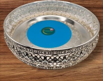 Engraved German Silver Plate: 8in Puja Serving Dish