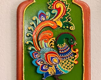 Regal carved peacock (pair) plaques (12in* 7in) for home decor, entryway gifting and more!