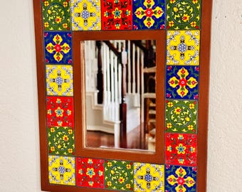 Vibrant Wall Mounted Mirror with original Jaipur Tiles (12in x10in)