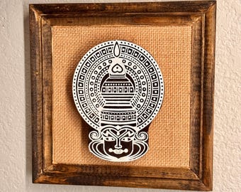 Handcrafted Kathakali Block Print – Rustic Burlap & Wood Frame