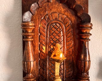 Compact wall mandir, T light holder, idol/figurine shelf