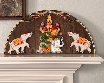 Hand‑Painted Wooden Arch Frame | Gajalakshmi | Tanjore Stone Inlay