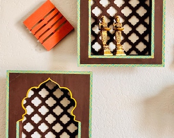 Handcrafted Wooden Wall Shelf with Lattice Arch