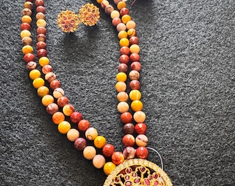 Certified, authentic "Mookaite" stone - Double strand Jewelry set with kemp pendant