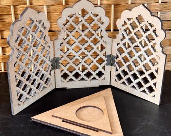 Tealight holder, window/Jharokha model - unfinished wood