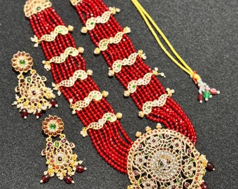 Red Crystal Beaded Raani Haara Necklace Set, Imitation Jewelry