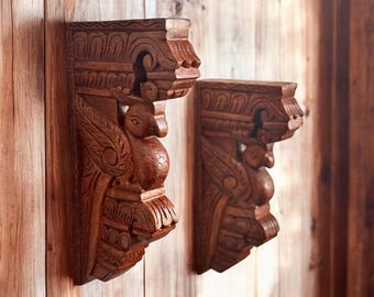 Wooden peacock- hand carved, wooden corbel/ wall brackets