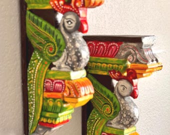 Panjavarna Peacock -hand carved wooden corbel/wall bracket (pair)