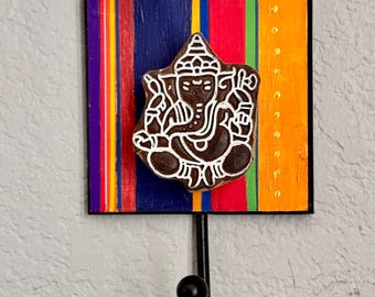 Handcrafted Ganesha Wall Hook – Block Print on Jamakalam* Pattern, Wrought Iron Key Holder